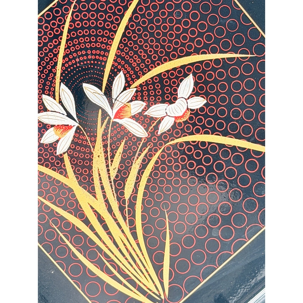 Vintage Japanese Lacquerware Serving Tray Set Black Red Gold Floral 2pc MCM